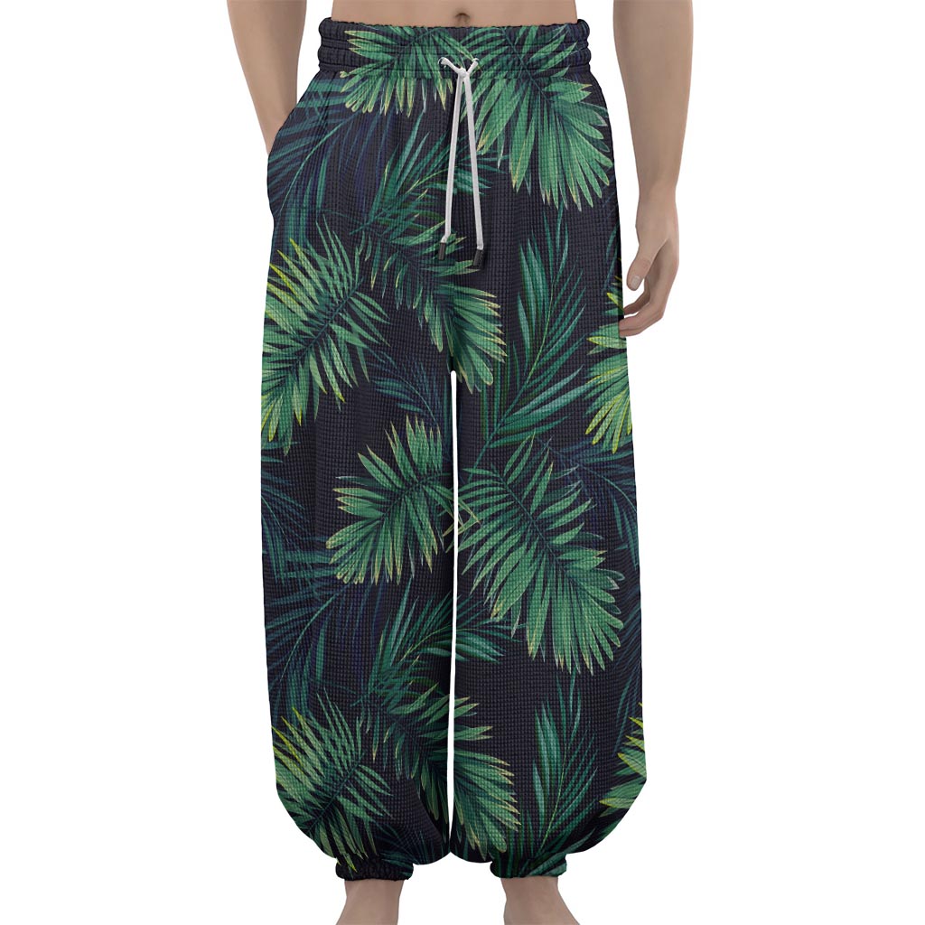 Dark Tropical Palm Leaf Pattern Print Lantern Pants