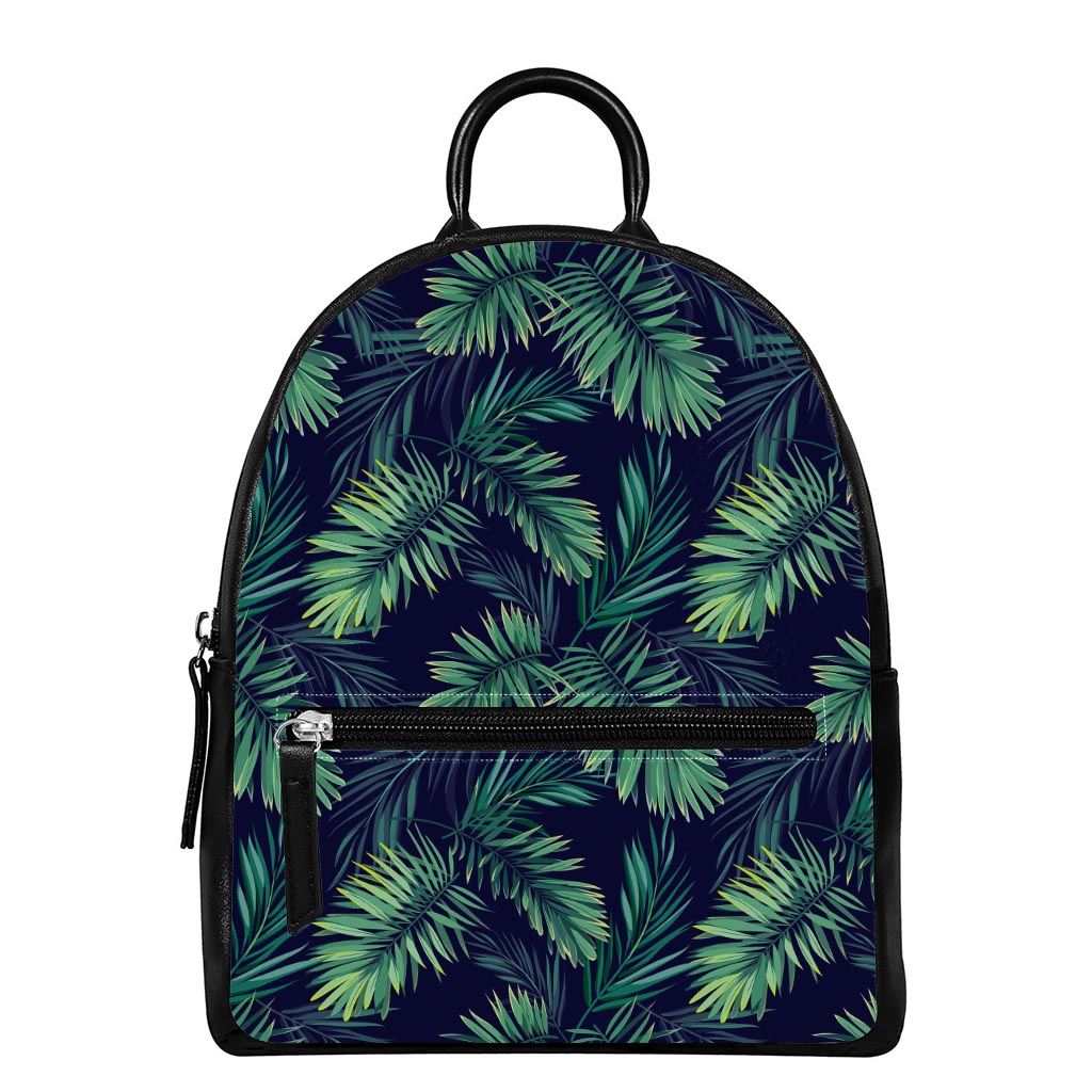 Dark Tropical Palm Leaf Pattern Print Leather Backpack