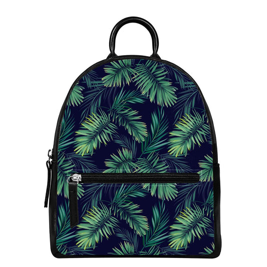 Dark Tropical Palm Leaf Pattern Print Leather Backpack