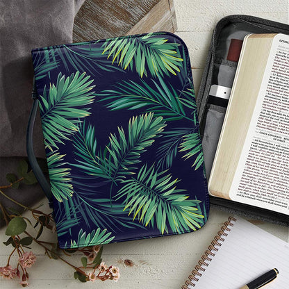 Dark Tropical Palm Leaf Pattern Print Leather Bible Cover