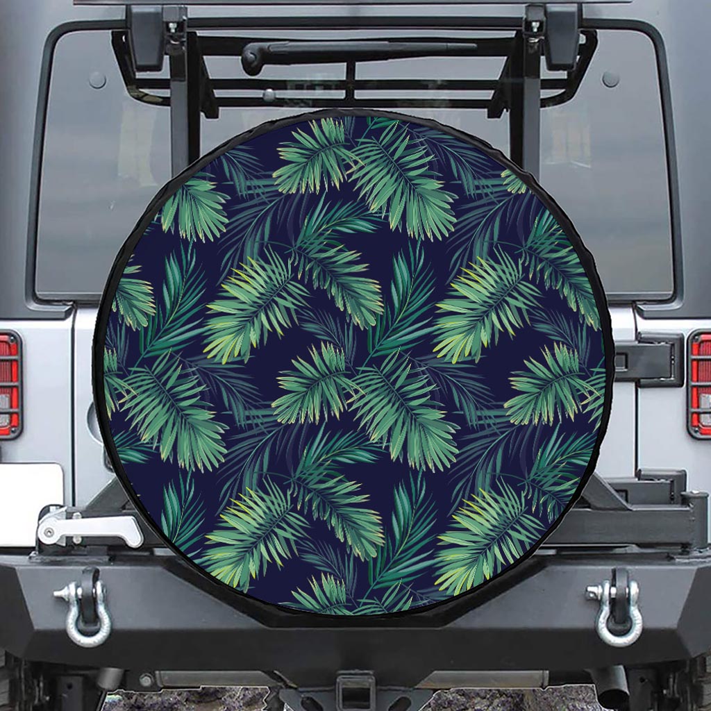 Dark Tropical Palm Leaf Pattern Print Leather Spare Tire Cover