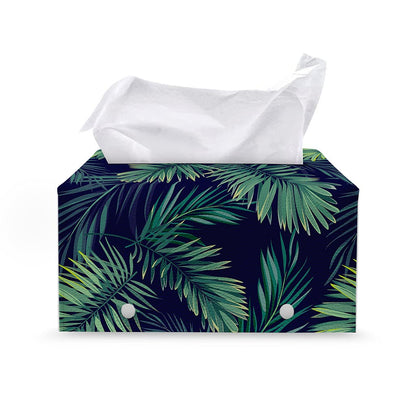 Dark Tropical Palm Leaf Pattern Print Leather Tissue Box Cover