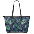 Dark Tropical Palm Leaf Pattern Print Leather Tote Bag With Zipper