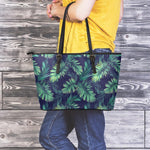 Dark Tropical Palm Leaf Pattern Print Leather Tote Bag