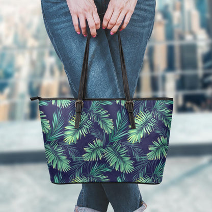 Dark Tropical Palm Leaf Pattern Print Leather Tote Bag