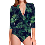 Dark Tropical Palm Leaf Pattern Print Long Sleeve Swimsuit