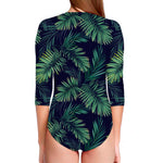 Dark Tropical Palm Leaf Pattern Print Long Sleeve Swimsuit