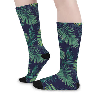 Dark Tropical Palm Leaf Pattern Print Long Socks