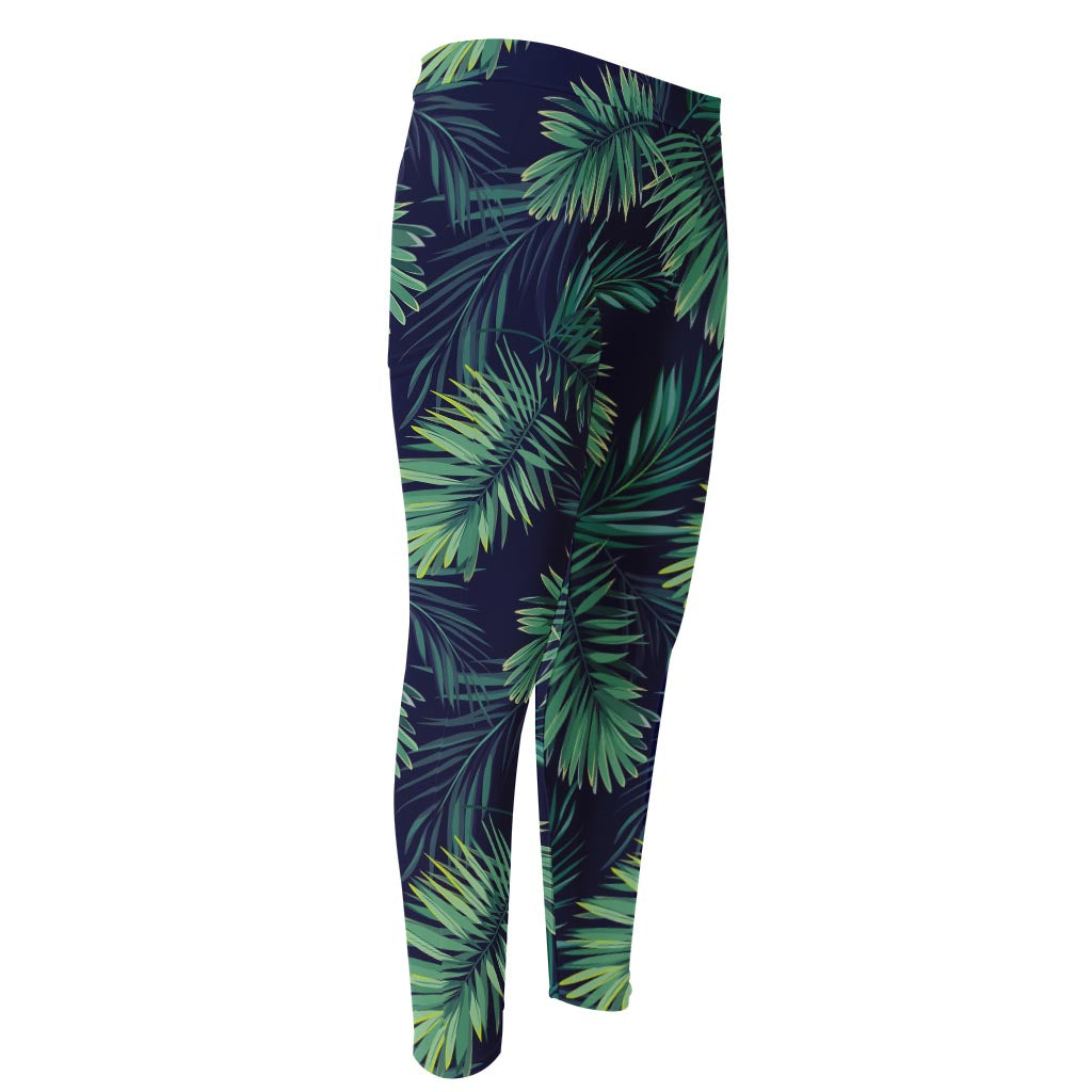 Dark Tropical Palm Leaf Pattern Print Men's Compression Pants