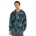 Dark Tropical Palm Leaf Pattern Print Men's Velvet Pullover Hoodie