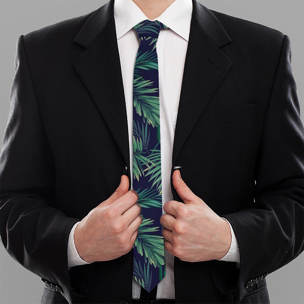 Dark Tropical Palm Leaf Pattern Print Necktie