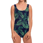 Dark Tropical Palm Leaf Pattern Print One Piece Swimsuit