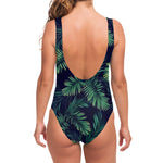 Dark Tropical Palm Leaf Pattern Print One Piece Swimsuit