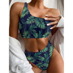 Dark Tropical Palm Leaf Pattern Print One Shoulder Bikini Top