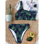 Dark Tropical Palm Leaf Pattern Print One Shoulder Bikini Top