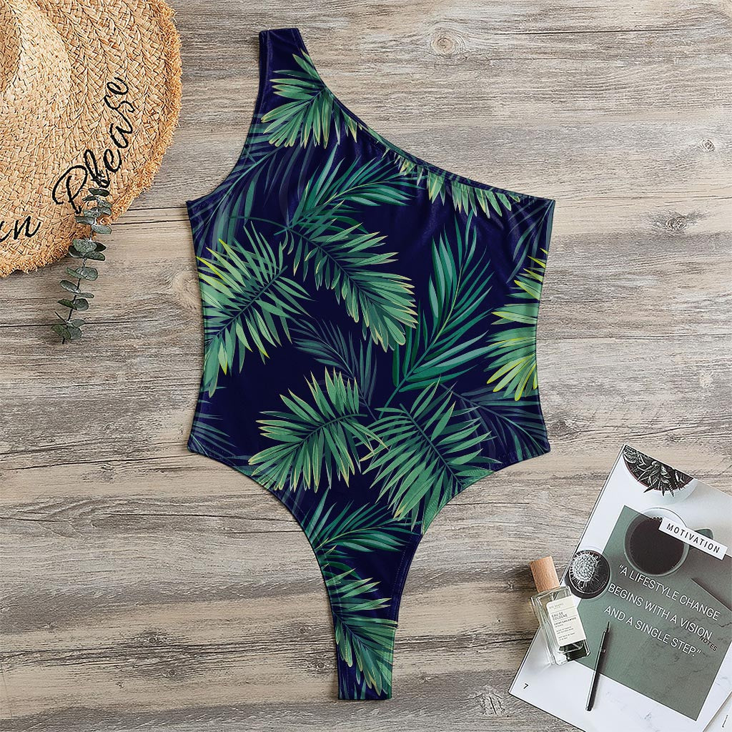 Dark Tropical Palm Leaf Pattern Print One Shoulder Bodysuit