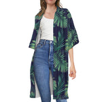 Dark Tropical Palm Leaf Pattern Print Open Front Beach Cover Up