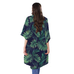 Dark Tropical Palm Leaf Pattern Print Open Front Beach Cover Up