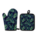 Dark Tropical Palm Leaf Pattern Print Oven Mitt And Pot Holder Set
