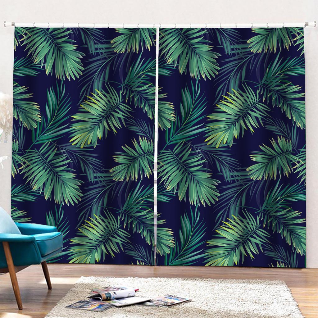 Dark Tropical Palm Leaf Pattern Print Pencil Pleat Curtains