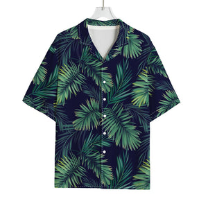 Dark Tropical Palm Leaf Pattern Print Rayon Hawaiian Shirt