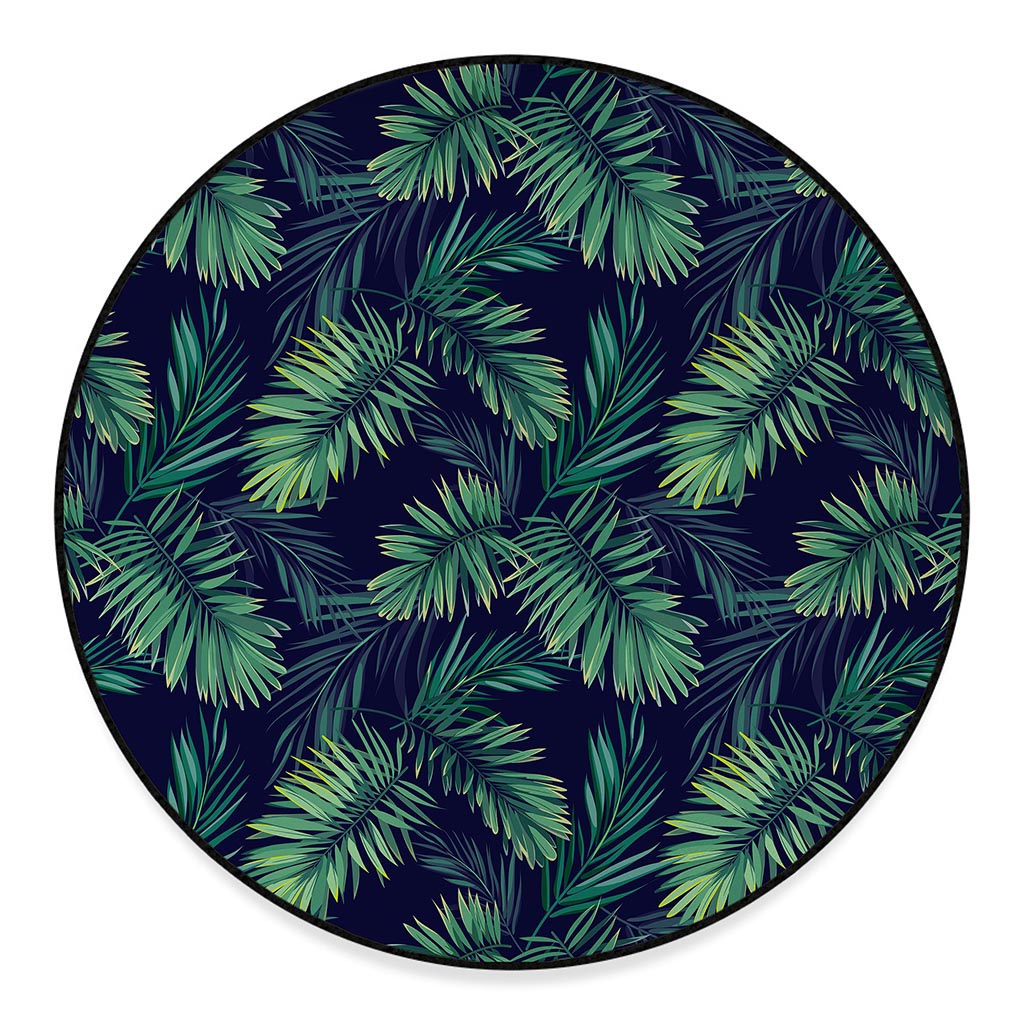 Dark Tropical Palm Leaf Pattern Print Round Floor Mat
