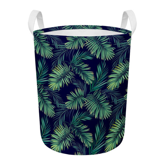 Dark Tropical Palm Leaf Pattern Print Round Laundry Basket