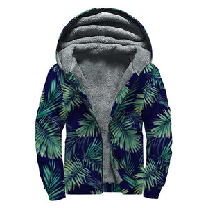 Dark Tropical Palm Leaf Pattern Print Sherpa Lined Zip Up Hoodie