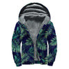 Dark Tropical Palm Leaf Pattern Print Sherpa Lined Zip Up Hoodie