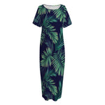 Dark Tropical Palm Leaf Pattern Print Short Sleeve Long Nightdress