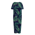 Dark Tropical Palm Leaf Pattern Print Short Sleeve Long Nightdress