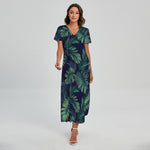 Dark Tropical Palm Leaf Pattern Print Short Sleeve Maxi Dress
