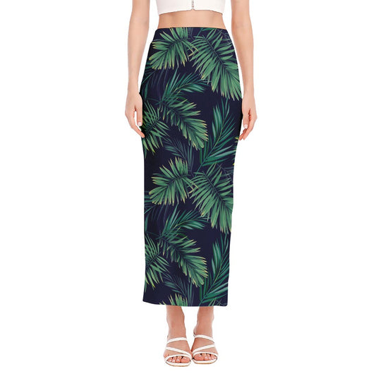 Dark Tropical Palm Leaf Pattern Print Side Slit Maxi Skirt