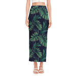 Dark Tropical Palm Leaf Pattern Print Side Slit Maxi Skirt