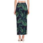 Dark Tropical Palm Leaf Pattern Print Side Slit Maxi Skirt