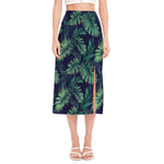 Dark Tropical Palm Leaf Pattern Print Side Slit Midi Skirt