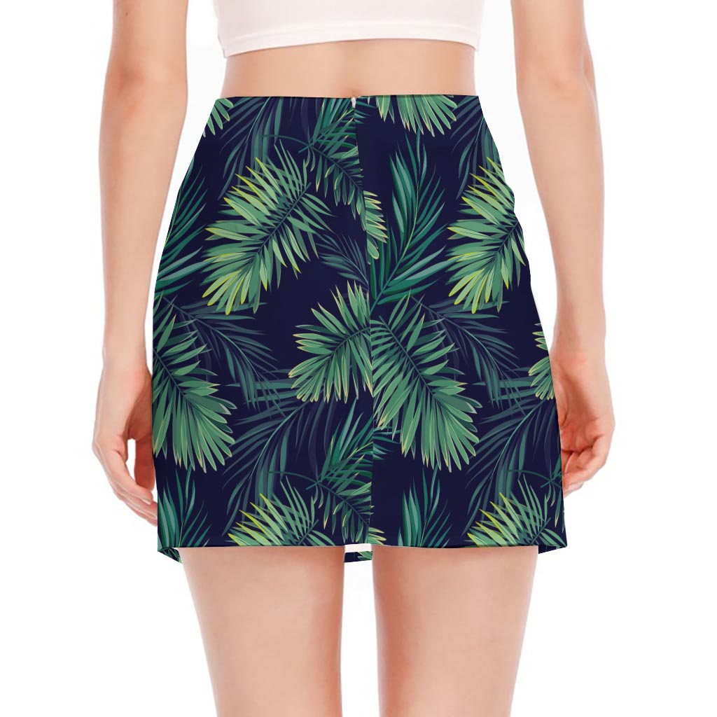Dark Tropical Palm Leaf Pattern Print Side Slit Mini Skirt