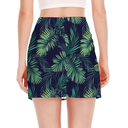 Dark Tropical Palm Leaf Pattern Print Side Slit Mini Skirt