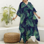 Dark Tropical Palm Leaf Pattern Print Silk V-Neck Kaftan Dress