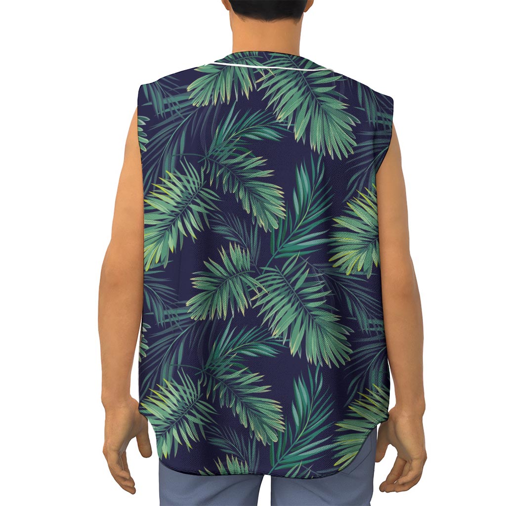 Dark Tropical Palm Leaf Pattern Print Sleeveless Baseball Jersey