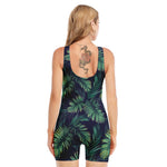 Dark Tropical Palm Leaf Pattern Print Sleeveless One Piece Swimsuit