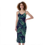 Dark Tropical Palm Leaf Pattern Print Slim Fit Midi Cami Dress