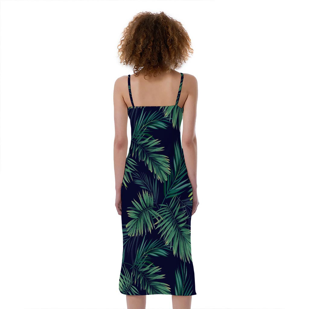 Dark Tropical Palm Leaf Pattern Print Slim Fit Midi Cami Dress