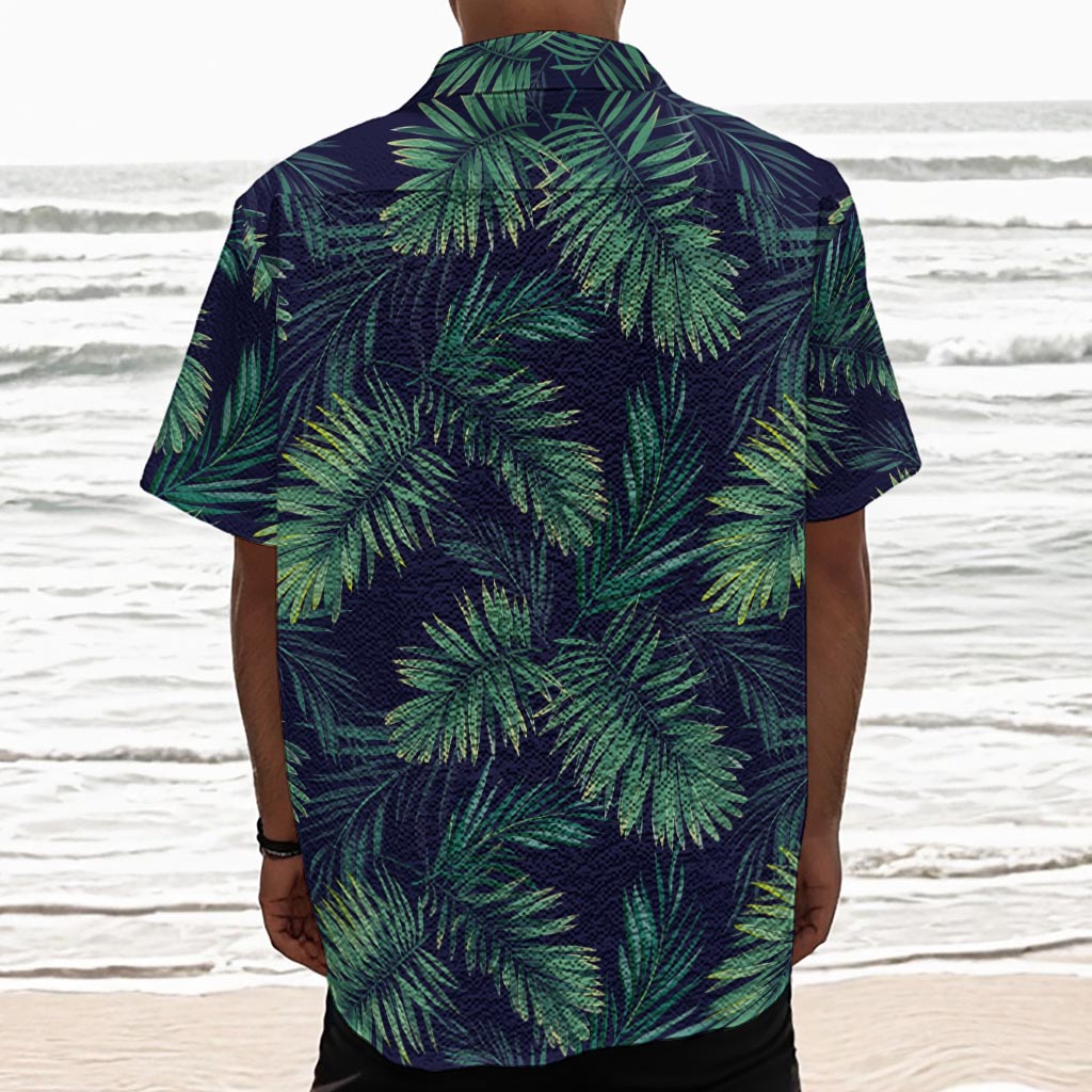 Dark Tropical Palm Leaf Pattern Print Textured Short Sleeve Shirt