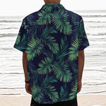 Dark Tropical Palm Leaf Pattern Print Textured Short Sleeve Shirt