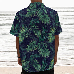 Dark Tropical Palm Leaf Pattern Print Textured Short Sleeve Shirt