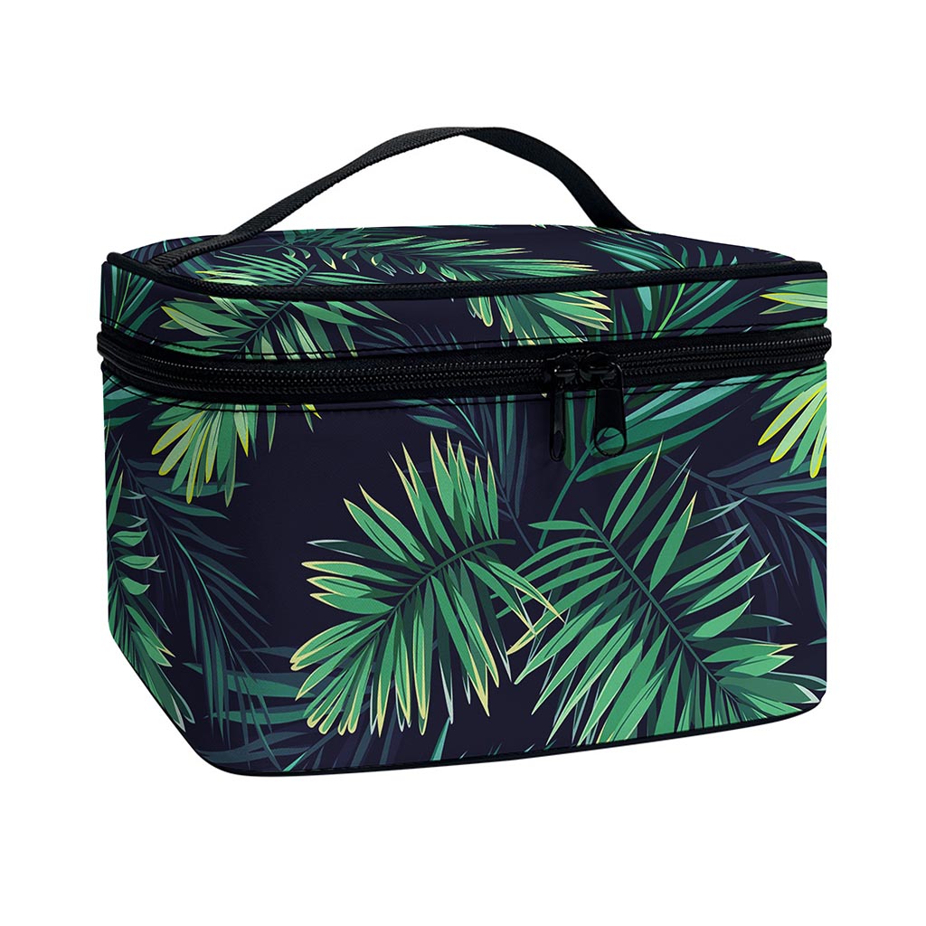 Dark Tropical Palm Leaf Pattern Print Travel Makeup Bag
