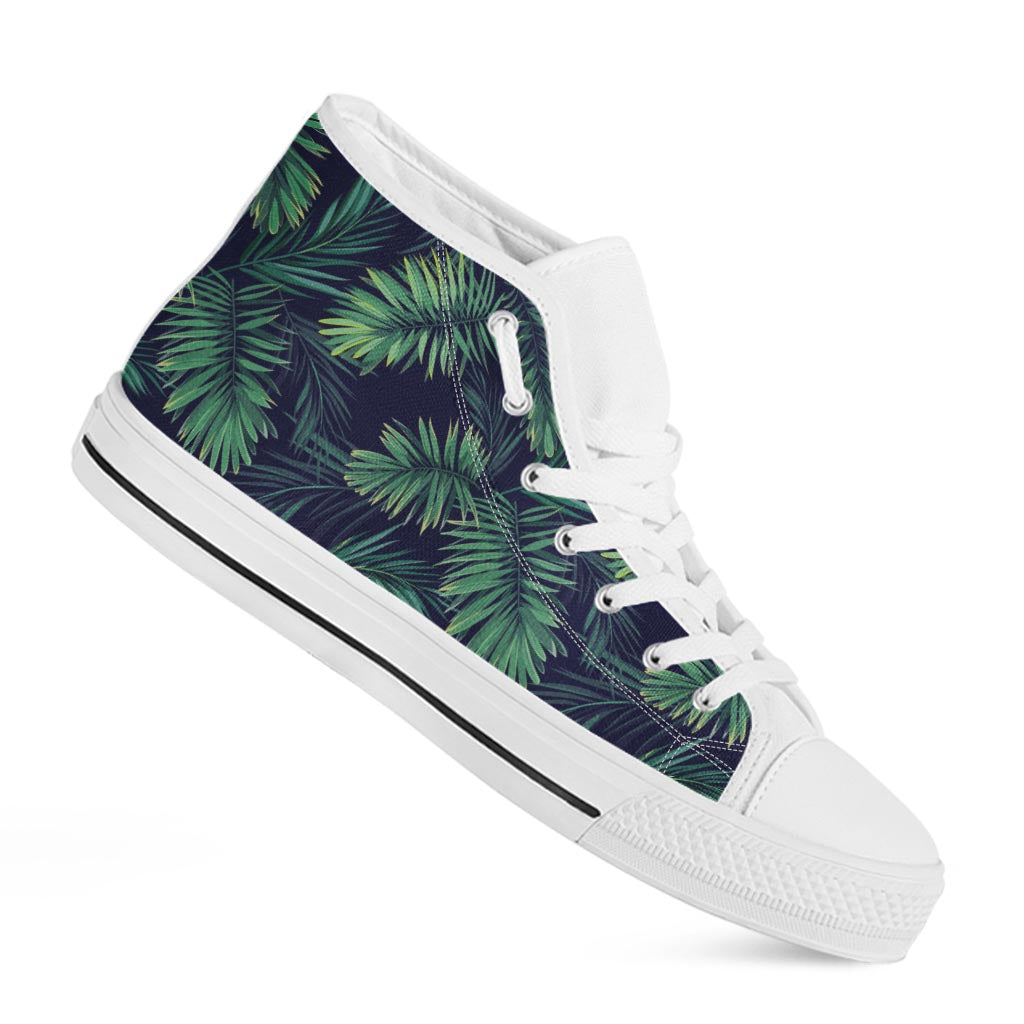 Dark Tropical Palm Leaf Pattern Print White High Top Sneakers