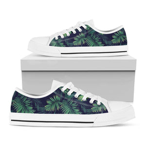 Dark Tropical Palm Leaf Pattern Print White Low Top Sneakers