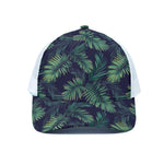 Dark Tropical Palm Leaf Pattern Print White Mesh Trucker Cap